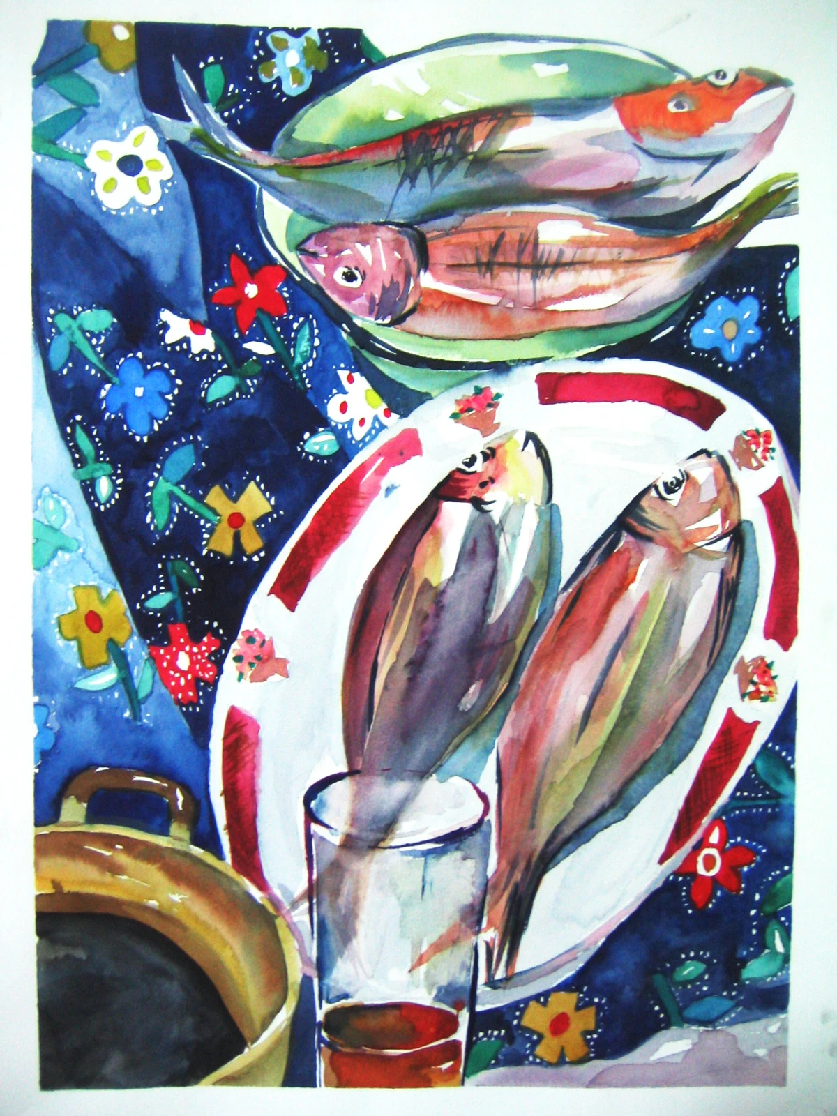 Colourful watercolour painting of fish