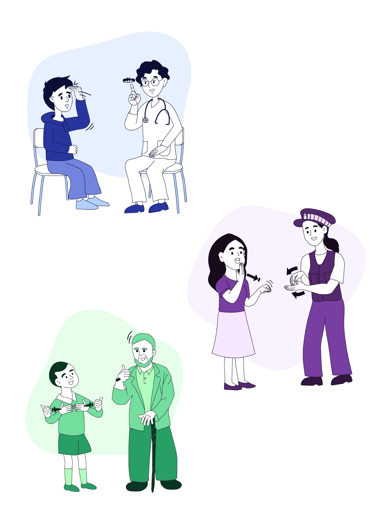 Three pairs of people having conversations, illustrated in blue, purple and green